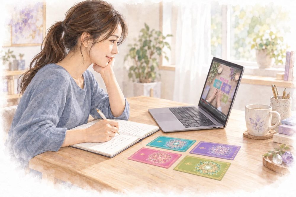 動画を見ながら、手元のソアリスカードとノートで学ぶ女性
