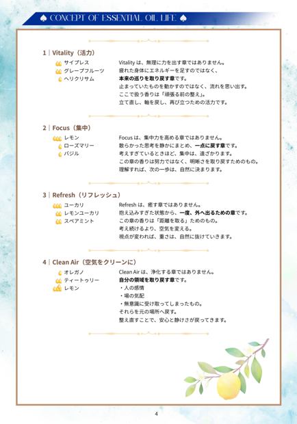 フレグランスガイドの中面。テーマごとの香りの組み合わせ