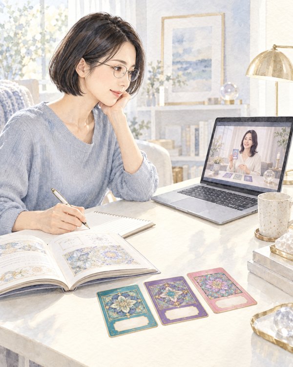 自宅で動画とカードを使い学ぶ女性のイラスト