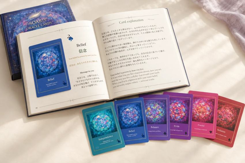 ソアリスカード本体と、ページを開いた解説書