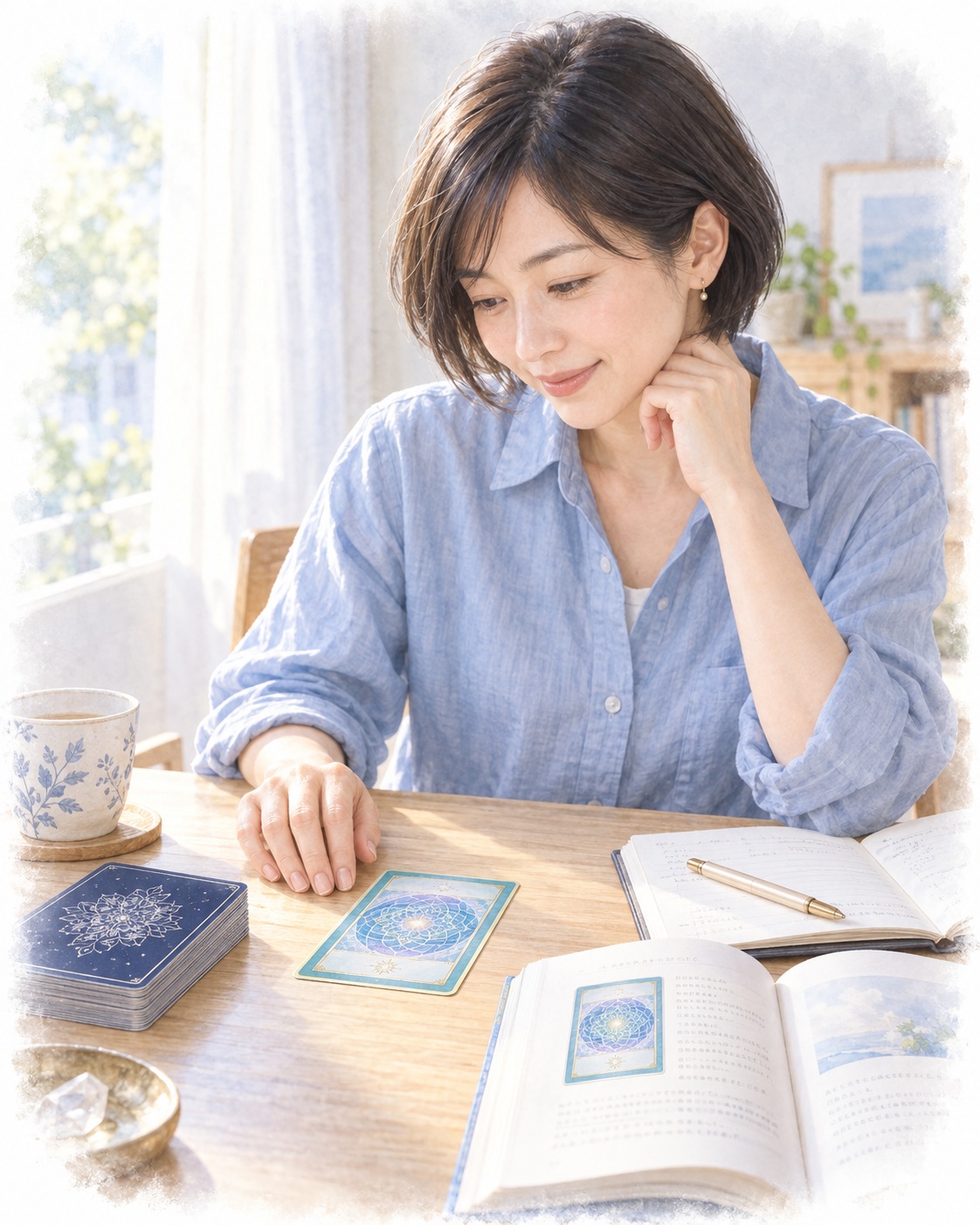 朝、一枚のカードを眺めて自分に問いかける女性